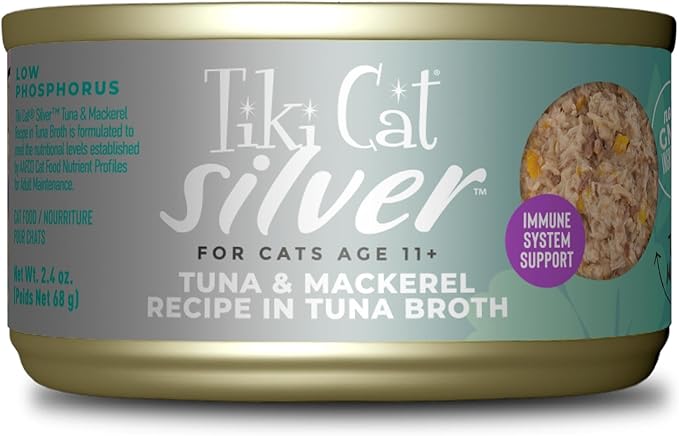Tiki Cat Silver Comfort Mousse + Shreds, Tuna & Mackerel Recipe in Tuna Broth, Immune System Support Formulated for Older Cats Aged 11+, Senior Wet Cat Food, 2.4 Oz Cans (Pack of 12)