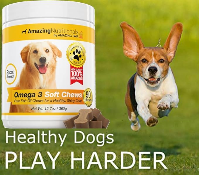 Amazing Omega 3 for Dogs - Omega 3 Fish Oil for Dogs Supplement for Itchy Skin Relief for Dry Skin and Hot Spots and Shedding Coat with EPA and DHA Fatty Acids - 90 Bacon Soft Chews