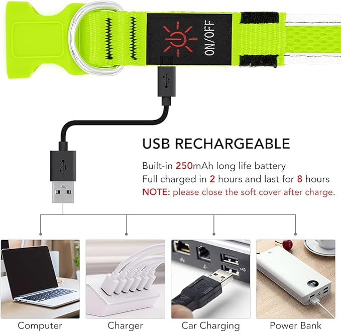 YFbrite Light up Dog Collar, USB Rechargeable LED Puppy Collar Super Bright Adjustable Glowing Dog Lights for Night Walking (Green, Large)