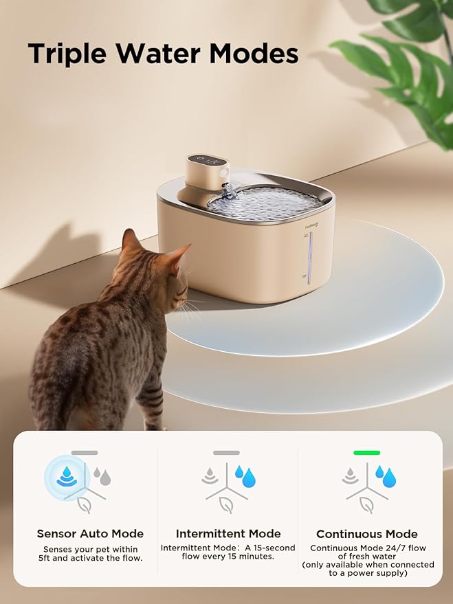 Cat Water Fountain Battery Operated, 4L/135 fl oz Pet Water Fountain for Cats and Dog with Motion Sensor, Ultra Quiet Cat Drinking Fountain with 2 Filters (Beige YPD-C004P)