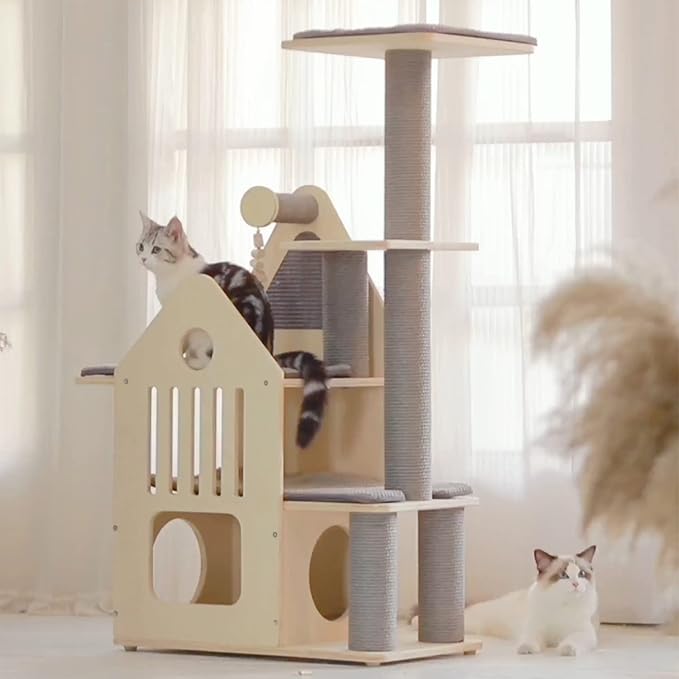 Wood Cat Tree for Indoor Cats,Cat Tower with Scratching Post and Mutil-Level Cat Houses,44.5 Inch Tall