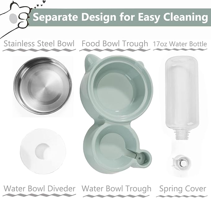 Dog Bowls, Puppy Cat Food and Water Bowl Set with Water Dispenser and Stainless Steel Bowl Detachable Gravity Pet Feeder and Waterer Set for Cats Dogs Puppy Rabbit (Grey)