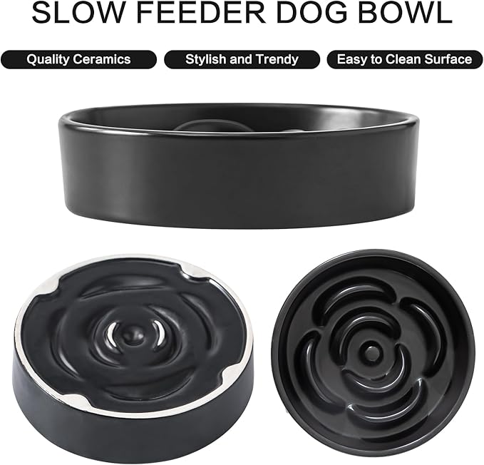 6'' Ceramic Slow Feeder Dog Bowls - Petal Shape Modern Dog Food Dish for Cats and Small Breed Dogs, Puzzle Maze Bowl to Slow Down Eating, Anti-Gulping, Dishwasher & Microwave Safe, Black