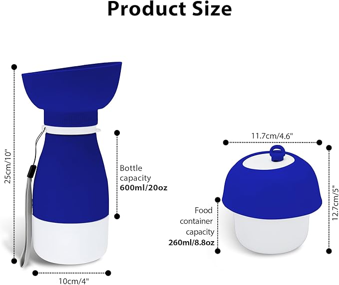 Portable Pet Water Bottle - 20 oz with 8.8 oz Food Container,Silicone Leakproof Travel Bottle for Dogs Cats, Detachable Feeding Dish for Walking Hiking Travel Blue