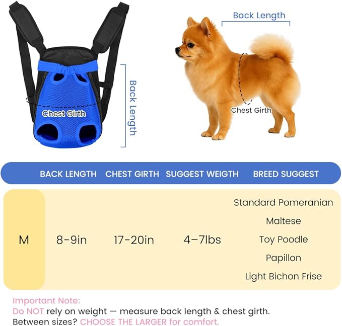 Dog Backpack Carrier, Adjustable Pet Front Carriers, Legs Out Carrying Sling Travel Bag for Small Medium Dogs 4-7 Lbs, Soft Wearable Puppy Chest Carry Backpacks for Walking/Hiking/Camping/Traveling