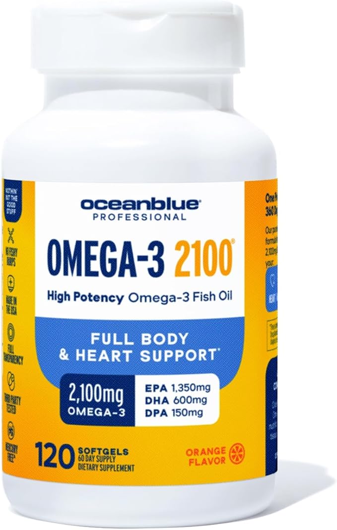 Oceanblue Professional Omega 3 2100-120 ct - High Potency Triple Strength Burpless Fish Oil with EPA, DHA & DPA - Wild Caught - Natural Orange Flavor, 60 Servings