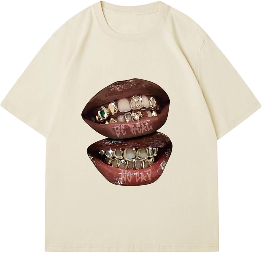 Verdusa Women's Lips Print Graphic Tees Y2k T Shirts Summer Crew Neck Vintage Going Out Tops