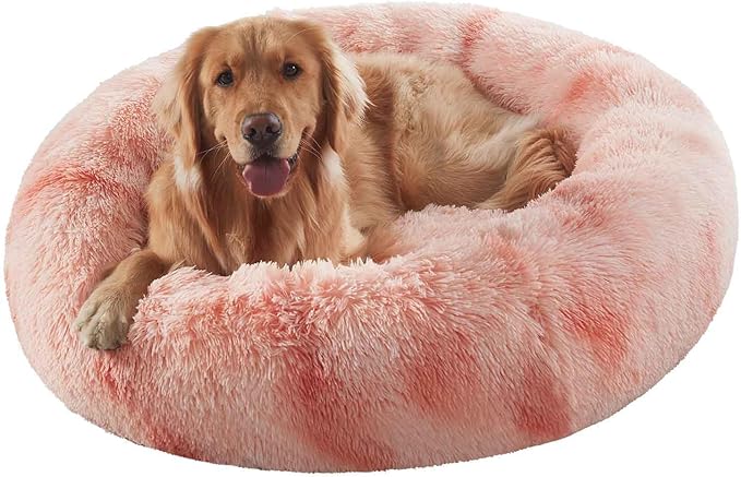 36 inches Donut Dog Bed for Large Dogs - Calming Fluffy Round Pet Bed with Removable & Washable Cover,Fits up to 100 lbs Pets (Tie-dye Pink,Large)