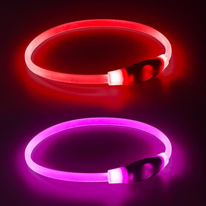 2 Packs Light Up Dog Collar, LED Dog Collar, USB Rechargeable Dog Lights for Night Walking, Adjustable Glow in The Dark Collars for Small Medium Large Dogs, Waterproof Safety Pets Lights Red&Pink