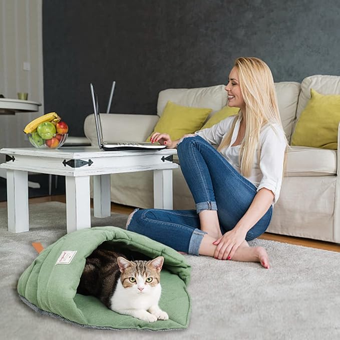Pet Cat Sleeping Bag, Cute Cat Cave Bed Hideaway for Indoor Cats Washable Covered Cozy Soft Warming Durable Fabric Burrow Napper Pocket Bed Cat Nest Snuggle Sack for Puppy Kitten