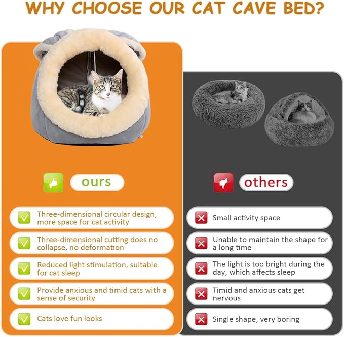 Cat Beds for Indoor Cats - Rabbit-shaped Cat Cave Bed with Hanging Toy,Super Soft Calming Pet Bed for Kitten&puppy,Small Dog,Warm Plush&Machine Washable&Removable Cotton Pad,Cat Hideaway(Grey L)