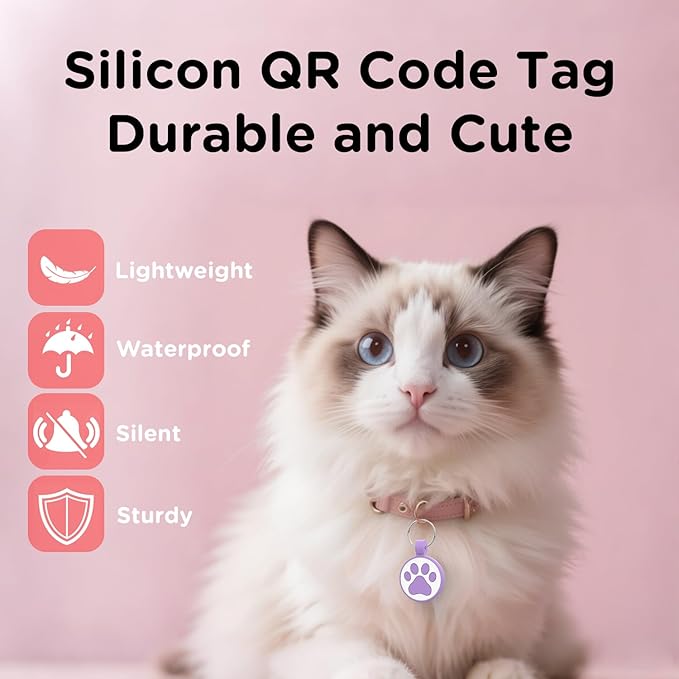 QR Code Cat Tag, Modifiable Online Profile, Multiple Emergency Contact, Silicone Cat Tag, Lightweight, Waterproof, No Jinging, Collar Accessories (Medium to Large Breeds - 1.25", Purple)