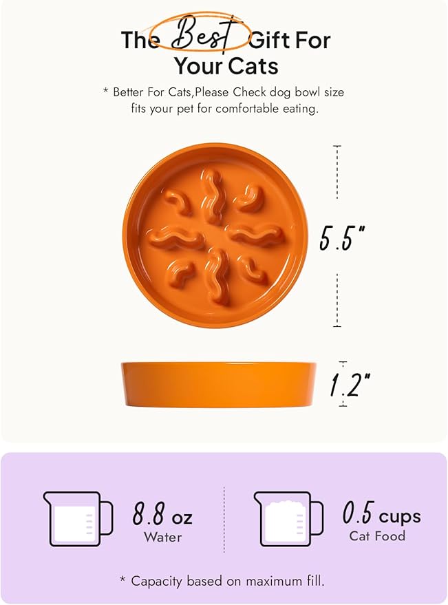 Ceramic Slow Feeder Dog Bowls Small Breed, 0.5 Cups Dog Food Dish for Fast Eaters, Puzzle Bowl for Small Dogs and Cats, 5.5 Inch-Orange