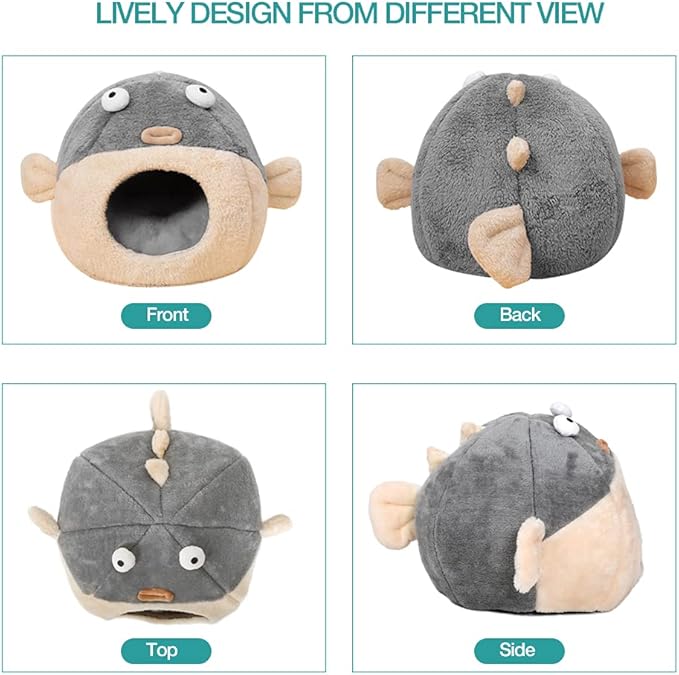 Cat Beds for Indoor Cats - Cat Bed Cave with Removable Washable Cushioned Pillow, Soft Plush Premium Cotton No Deformation Pet Bed, Lively Pufferfish Cat House Design, Grey, Multiple Sizes(S)