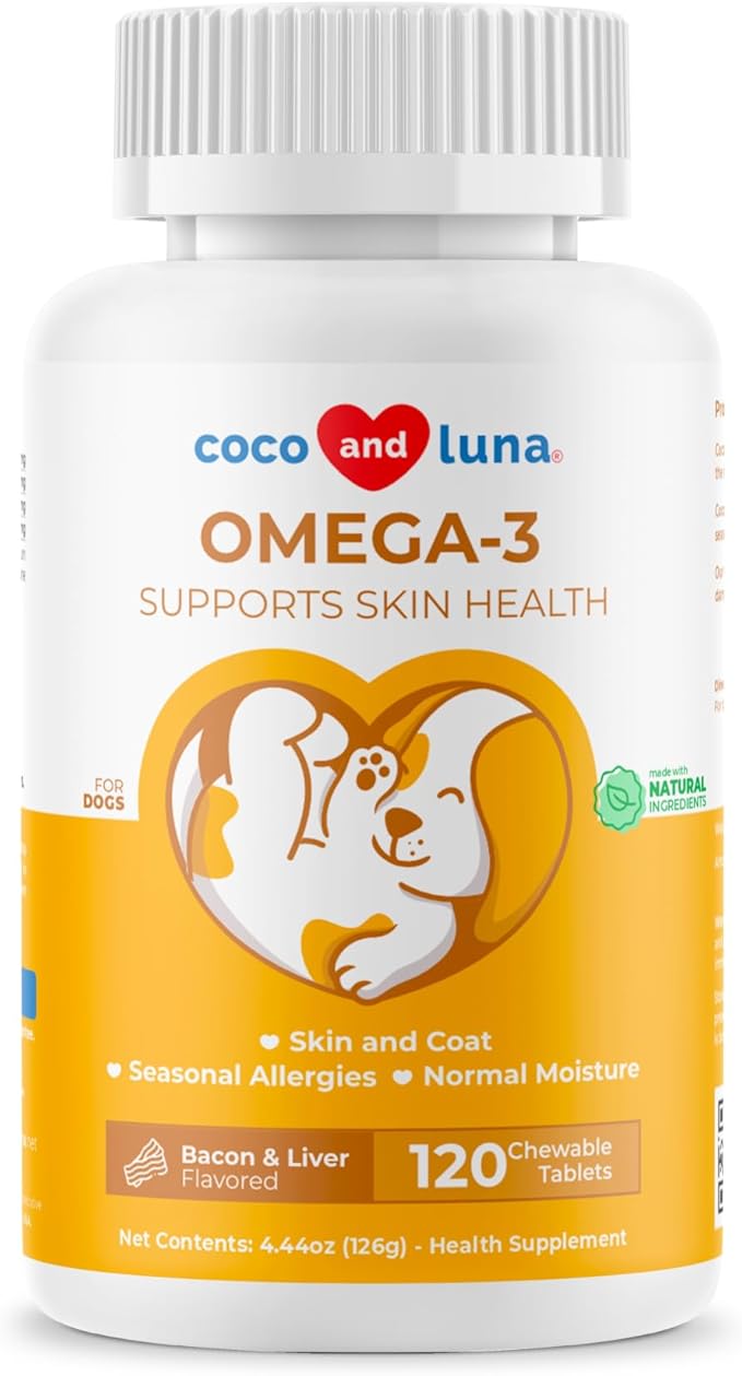 Omega 3 Fish Oil for Dogs - 120 Chewable Tablets - with Omega 3, 6, and 9, Vitamin E for Dog Shedding, Itchy, Dry Skin, Joint & Heart Support