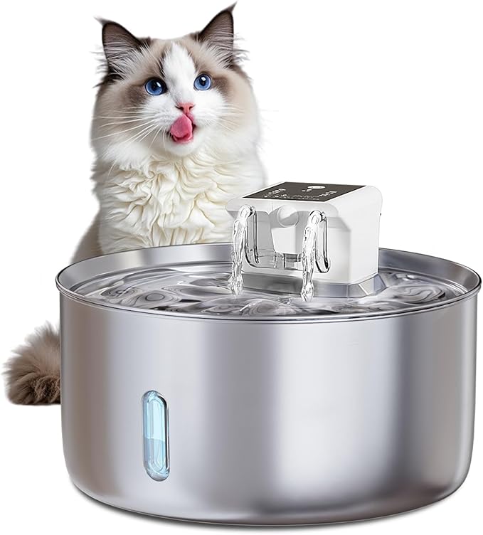 Automatic Wireless Pet Water Fountain - 7L/236oz Slow Water Bowl for Cats & Dogs, Motion Sensor Stainless Steel Dispenser with Quiet Pump, Cordless Filtered Water Bowl for Continuous Fresh Flow