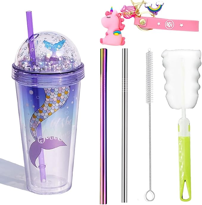 Mermaid Travel Tumblers Cups with Straw Party Cup Water Bottle Ice Coffee Mugs Birthday Gift (mermaid 1, 420 ml)
