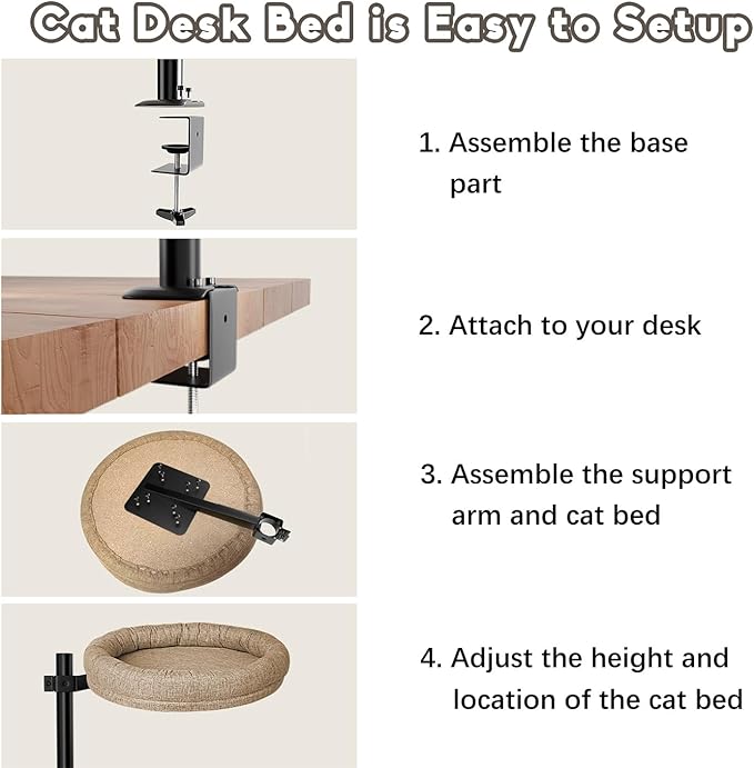 Cat Bed for Desk, Perfect Desk Pet Nest Cat Bed for Indoor Cats Height Adjustable Cat Desk Bed Max Load 50 LBS Comfortable Pet Bed for Kitty with 360° Rotating (Brown)