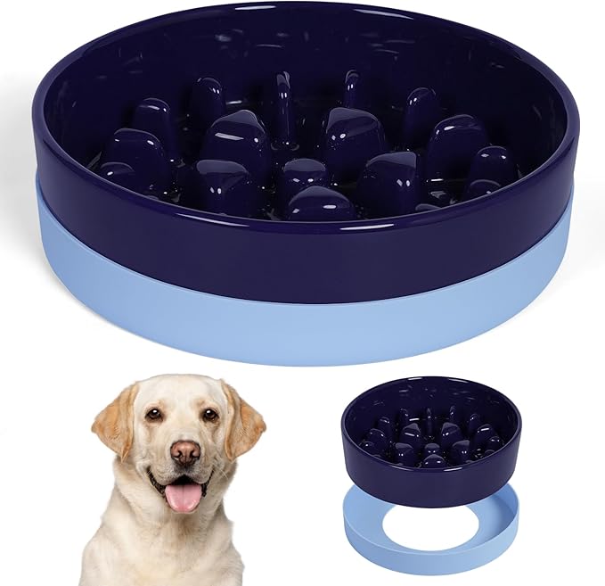 Sted Ceramic Slow Feeder Dog Bowls for Medium Large Breed, Slow Feeding Dog Bowl, Dog Food Bowls for Fast Eaters, Slow Down Eating, Puzzle Dog Food Bowl with Silicone Base, Maze Blue