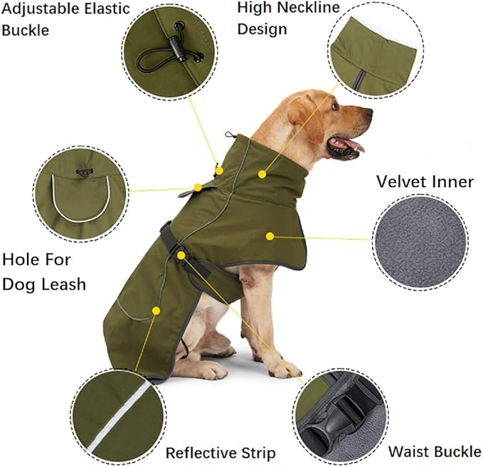 Dog Raincoat - Waterproof Dog Winter Jackets Windproof Coat with Velvet Inner Winter Dog Rain Coat with Reflective Strip,Green L