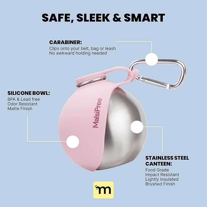 Malsipree 2-in-1 Portable Dog Water Bottle & Bowl for Small Dogs - Leak Proof & Insulating - Travel Water Dispenser - Stainless Steel Bottle & Silicone Bowl - Walking & Hiking (10 fl oz, Pink)