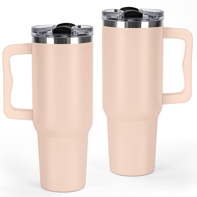 40 oz Tumbler with Handle and Straw Lid Insulated Cup Stainless Steel Water Bottle Travel Mug Gifts for Women Men Kids Trek Collection Thermoses Apricot