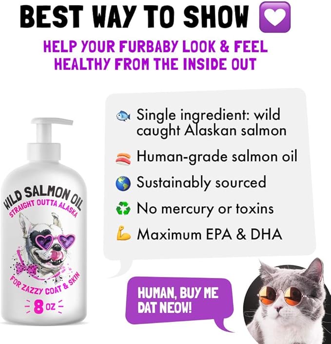 Wild Alaskan Salmon Oil for Dogs & Cats - Pure Fish Omega 3 6 9 Liquid EPA DHA Fatty Acids - Skin & Coat Supplement - Supports Joint Function, Brain, Eye, Immune & Heart Health - Made in USA 8 oz