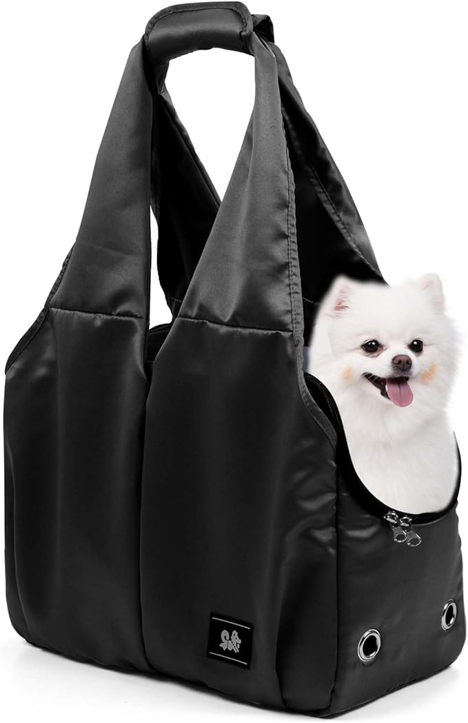 Dog Purse Carrier for Small Dogs, Cats, and Puppies – Soft-Sided Travel Pet Tote Bag with 4 Large Pockets, Foldable, Lightweight, Fits Pets up to 15 lbs, for Travel, Vet, Outings (Black)