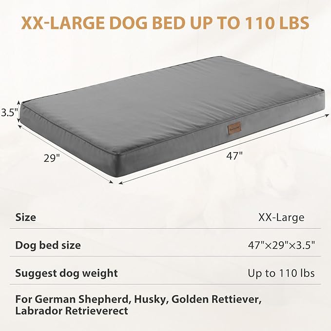 BFPETHOME Outdoor Dog Beds for Large Dogs, Waterproof Dog Bed for Medium, Large, Extra Large Dogs, Orthopedic Pet Bed with Removable Washable Cover, Egg Crate Foam Pet Bed Mat. (47 x 29 In, Dark Grey)