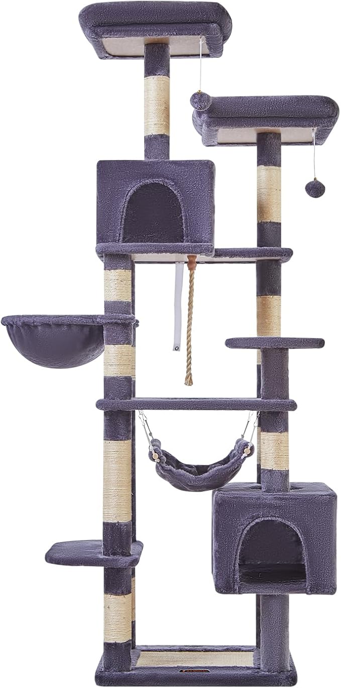 Taoqimiao Cat Tree, 71-Inch Cat Tree Cat Tower for Indoor Cats, Plush Multi-Level Cat Condo with 10 Scratching Posts, 2 Perches,Basket, 2 Caves,Hammock, 2 Pompoms,MS020G Beige Smoky Gray
