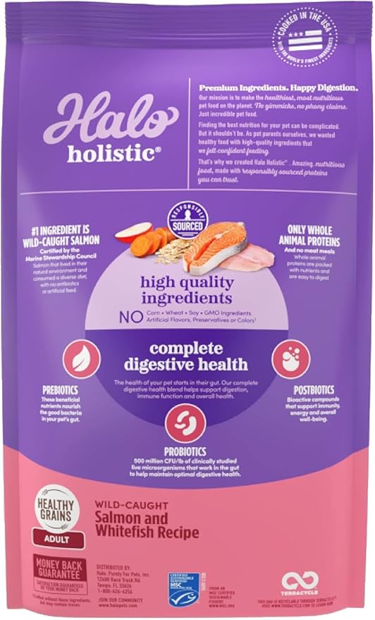 Halo Holistic Dog Food Wild Caught Salmon & Whitefish Formula, Healthy Grains Dry Dog Food, Complete Digestive Health, Kibble for Adult Dogs, 21 lb Bag