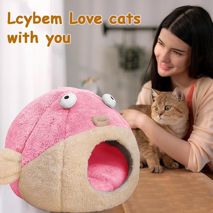 Cat Beds for Indoor Cats - Cat Bed Cave with Removable Washable Cushioned Pillow, Soft Plush Premium Cotton No Deformation Pet Bed, Lively Pufferfish Cat House Design, Pink, Multiple Sizes(M)