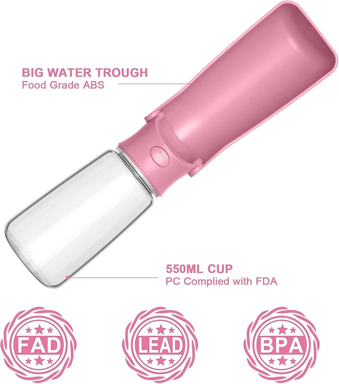Portable Dog Water Bottle - Foldable Dog Water Dispenser | Leak Proof & Food Grade Plastic Travel | Pet Water Bottle for Cat Outdoor Walking Hiking Travel(US) (Pink, 19oz)