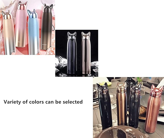 Insulated Bottle for Cat Lover Gift: 11oz Slim Stainless Steel Water Bottle Leak-Proof for Travel Backpack - Small Cute Cat Tumbler Coffee Flask for Women Purse - Black 320ml