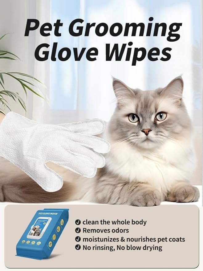Pet Grooming Glove Wipes, 20pcs pack,Fragrance Free, Hypoallergenic Dog Cat Cleaning Glove Wipes, Odor Removing, No-Rinse Formula, Large Size Thickened Gloves for Dog Bath, Daily Care, Traveling