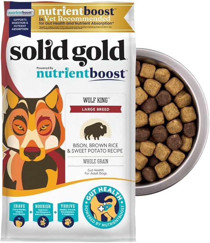 Solid Gold Bison Dry Dog Food for Large Dogs – High Protein, Whole Grain Kibble with Real Bison, Brown Rice & Omega 3 – Large Kibble w/Probiotics for Gut Health - Adult Dog Food - Nutrientboost™–22LB