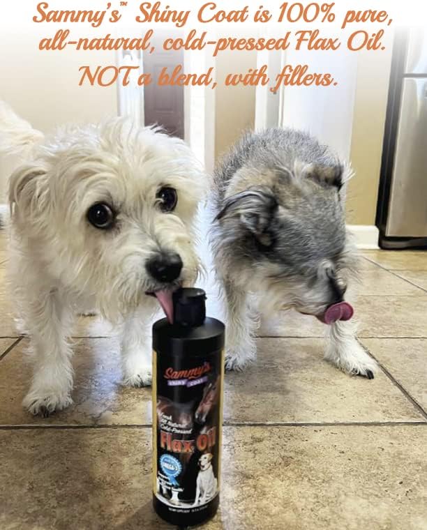 Sammy’s™ Shiny Coat Flaxseed Oil - 100% Pure, Natural Flax Oil, Cold-Pressed, Excellent Source of Omega-3 for Your Furry Friend, for Healthier Skin and Coat of Your Dogs, Cats, Other Pets - 32 Oz