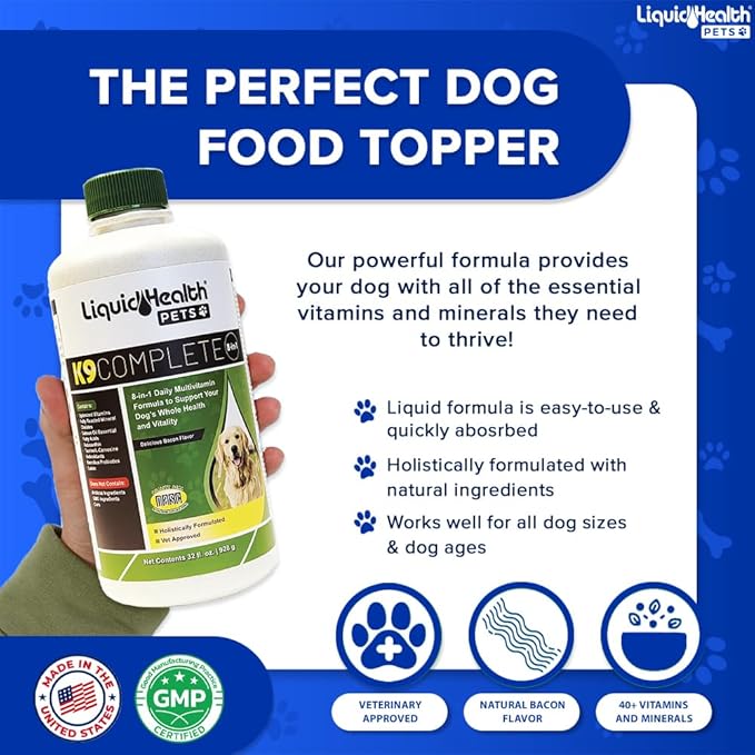 LIQUIDHEALTH Pets K9 Complete 8-in-1 Liquid Multivitamin for Adult Senior Dogs & Puppies, All in One Complete Formula Canine Vitamins for Skin & Coat, Joint Health, Immune Support - USA Made (2 Pack)