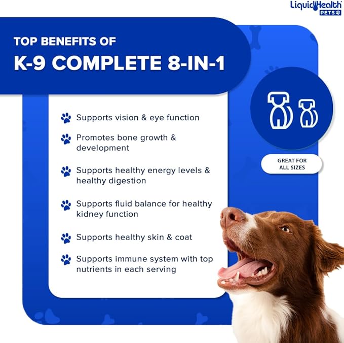 LIQUIDHEALTH Pets K9 Complete 8-in-1 Liquid Multivitamin for Adult Senior Dogs & Puppies, All in One Complete Formula Canine Vitamins for Skin & Coat, Joint Health, Immune Support - USA Made (2 Pack)
