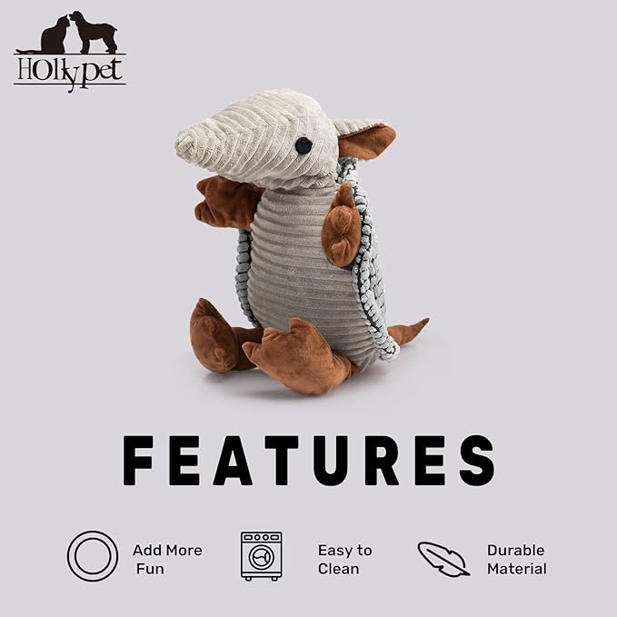 Hollypet Plush Dog Squeaky Toy Stuffed Armadillo Animal Pet Puppy Chew Toys with Clean Teeth for Small Medium Large All Breed Sizes Dogs, Dark Gray, 14 in