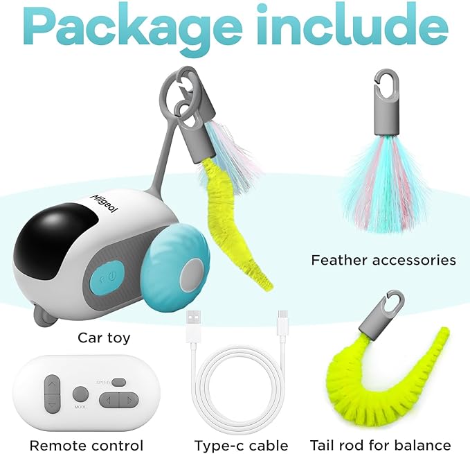 Turbo Tail 3.0 Interactive Cat Toy - Smart Remote Control Electric Mouse with Feathers, 3 Play Modes (Smart/Manual/Standby), Auto Obstacle Avoidance, Type-C, 8H Playtime - Blue (2PCS)