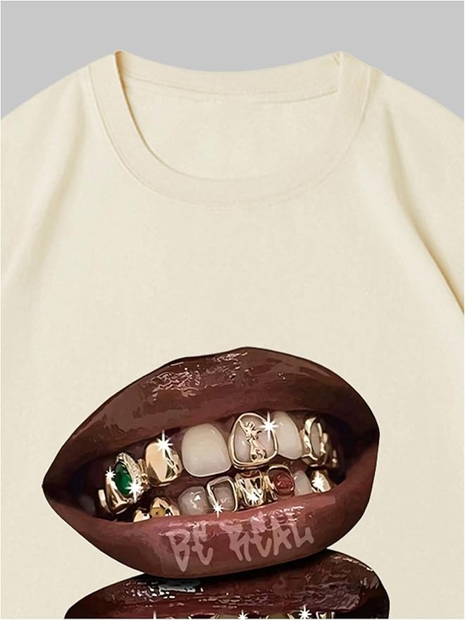 Verdusa Women's Lips Print Graphic Tees Y2k T Shirts Summer Crew Neck Vintage Going Out Tops