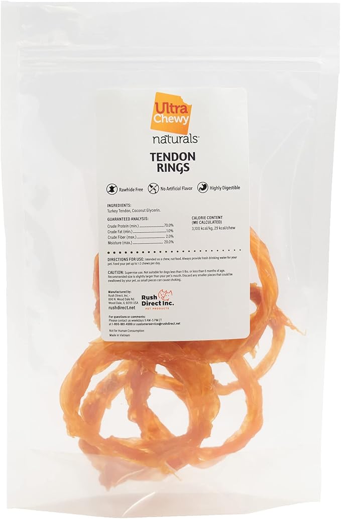 Ultra Chewy Turkey Tendon Rings for Dogs - Premium All-Natural Tendons, Hypoallergenic Treats, Easy to Digest, Alternative to Rawhide (6 Pack)