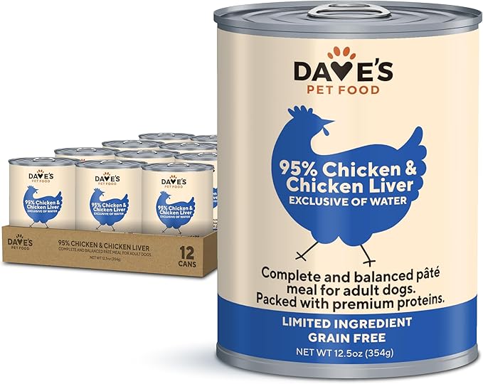 Dave's Pet Food Grain Free Wet Dog Food (95% Chicken & Chicken Liver), Made in USA Single-Source Protein, Limited Ingredients, 12.5 oz Cans (12 Pack)