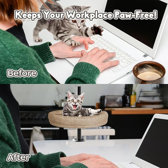 Cat Bed for Desk, Perfect Desk Pet Nest Cat Bed for Indoor Cats Height Adjustable Cat Desk Bed Max Load 50 LBS Comfortable Pet Bed for Kitty with 360° Rotating (Brown)