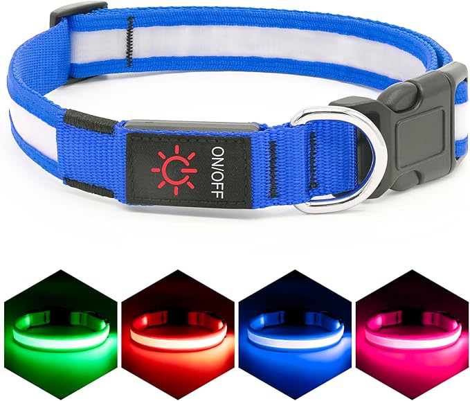 Vizpet LED Dog Collar, Light Up Dog Collar Adjustable USB Rechargeable Super Bright Safety Light Glowing Collars for Dog(Large,Blue)