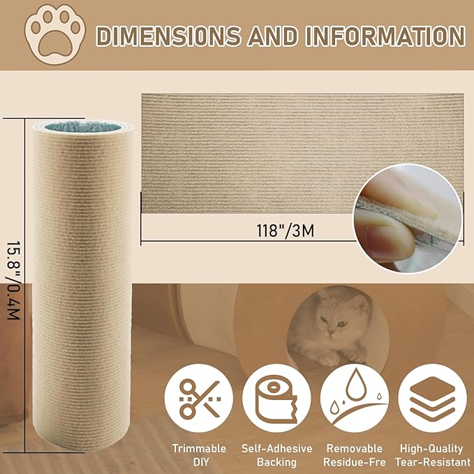 Cat Scratching Climbing Carpet Mat, Self-Adhesive Trimmable Anti Cat Scratcher Couch Furniture Protector from Cat Claws, Cat Post Covered Pad Replacement for DIY Cat Tree (Khaki, 15.8" x 118")