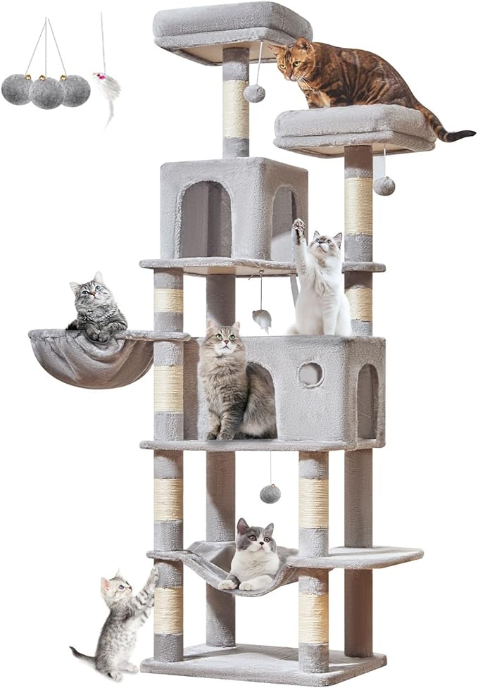 Taoqimiao Large Cat Tree,73-Inch Cat Tree Tower with 9 Scratching Posts for Indoor Cats, 2 Large Cat Condo with Hammock, Hanging Basket, 2 Extended Platform, Light Gray MS013XLW