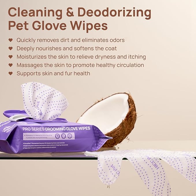 HICC PET Dog and Cat Grooming Wipes Upgrade - All Natural Dog Bath Wipes Cleaning Deodorizing, Hypoallergenic, No-Rinse Pet Gloves Wipes for Face, Teeth, Fur, Paws, Butt - Daily Care and Travel