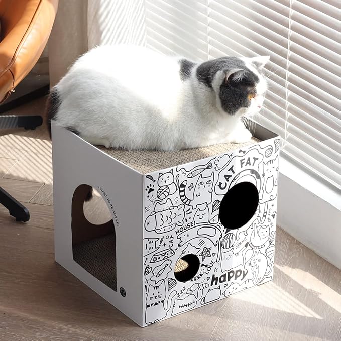 Cardboard Cat House with 2PCS Scratcher Pad Large Cat Scratchers Lounge Bed for Indoor Cats Cat Scratching Board & Cat Scratcher Box for Bunny/Cats Animals. (White-Graffiti)